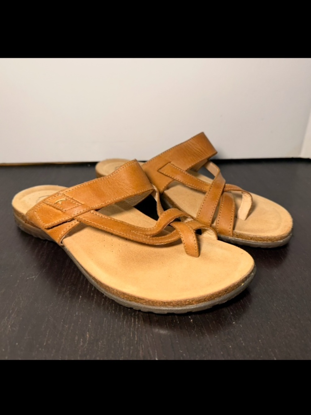 NWOB Taos Perfect Toe Loop Slip On Leather Sandals Tan Womans US 9/EU 40